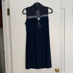Chic Navy Midi Dress with Polka Dot Collar